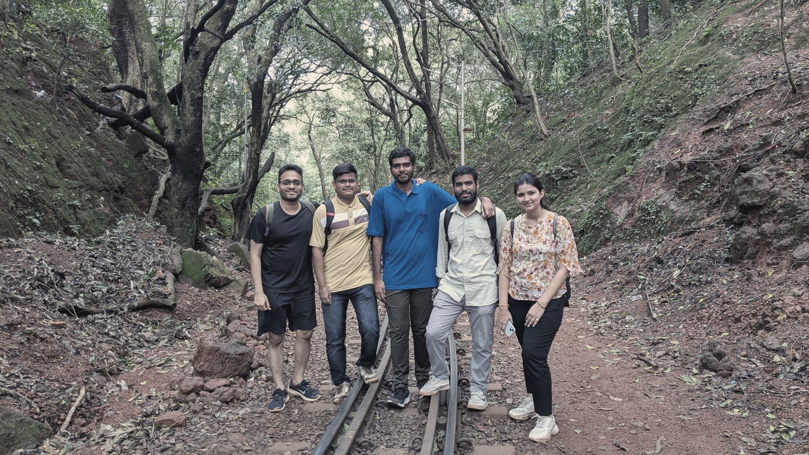 The team on a forest trek offsite
